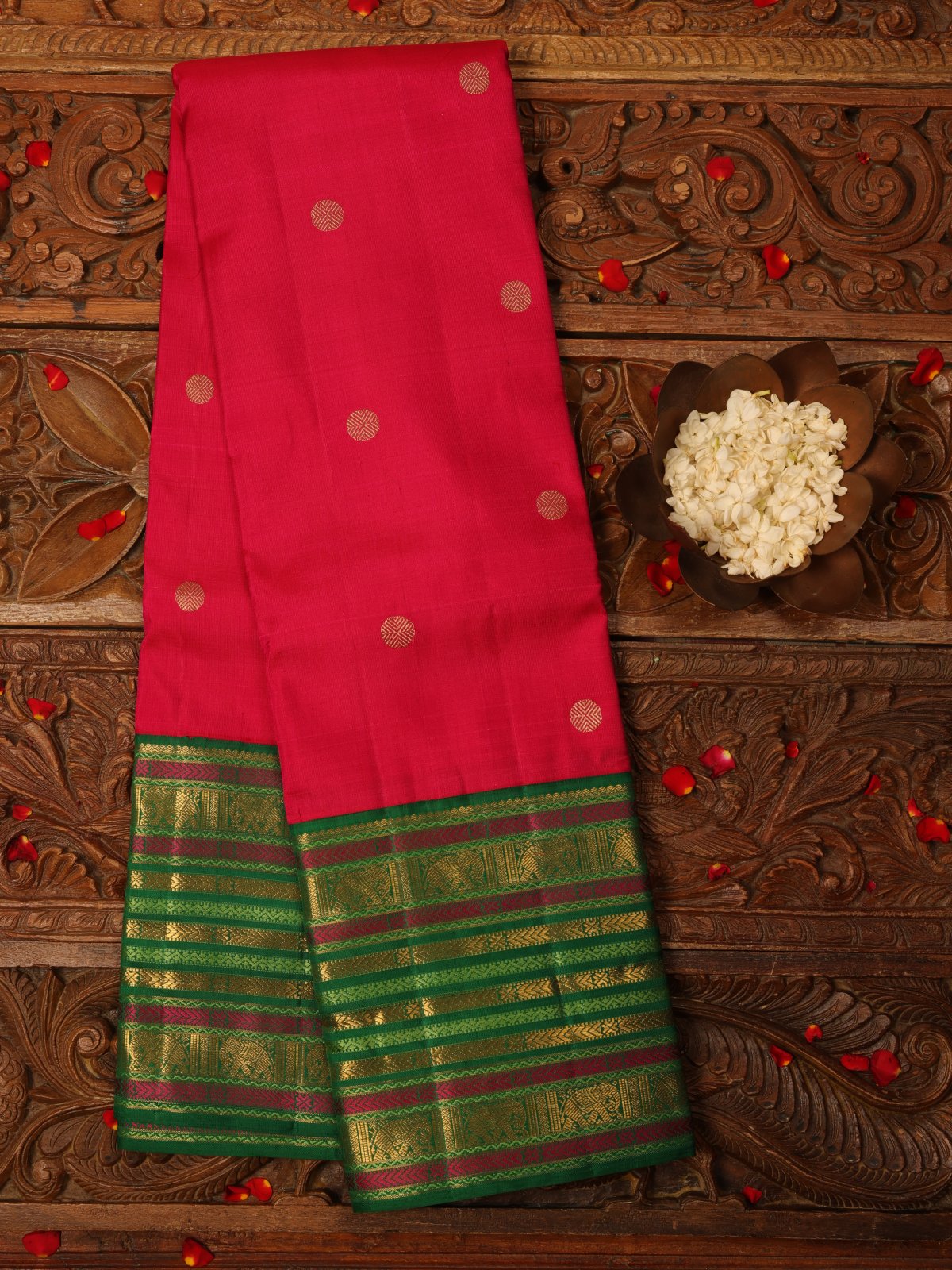 Reddish Pink Kanjeevaram Silk Saree With dark Green Zari Border