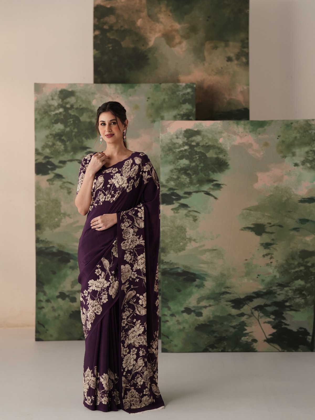 Dark Purple Printed Crepe Silk Saree