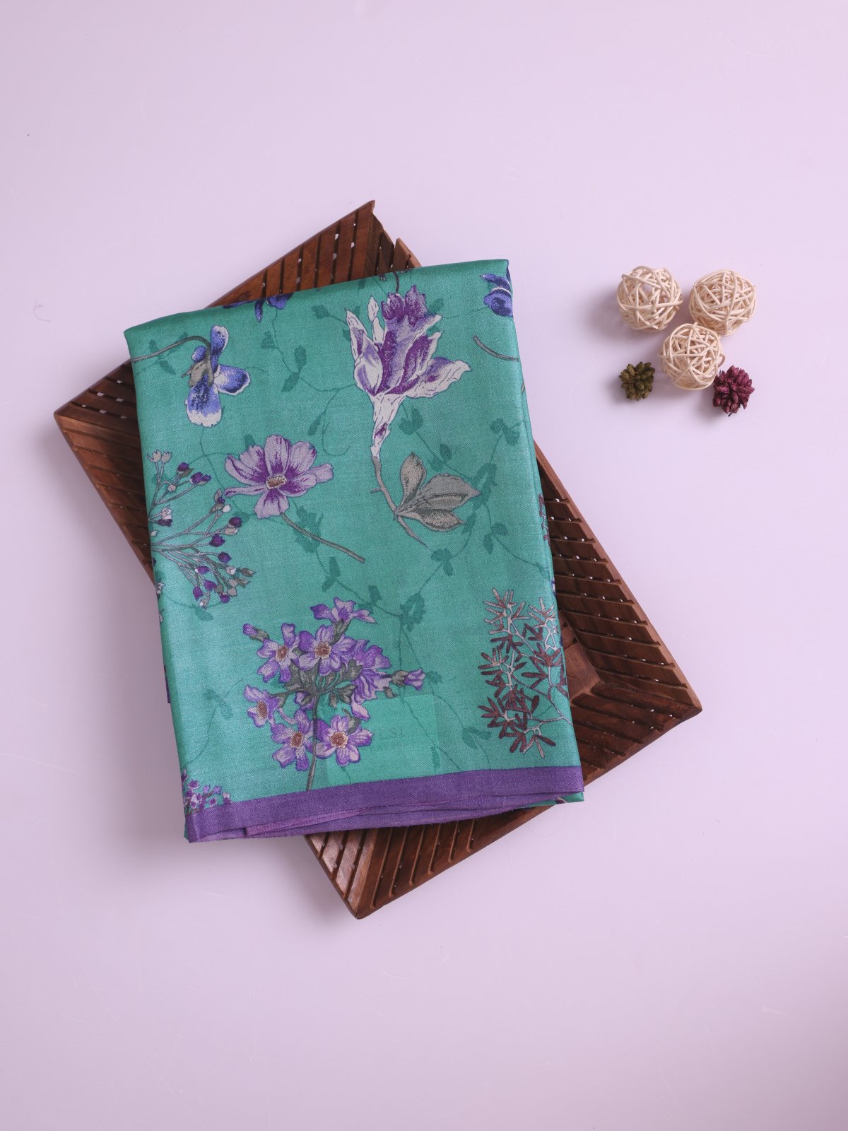 Teal Blue Printed Tussar Silk Saree