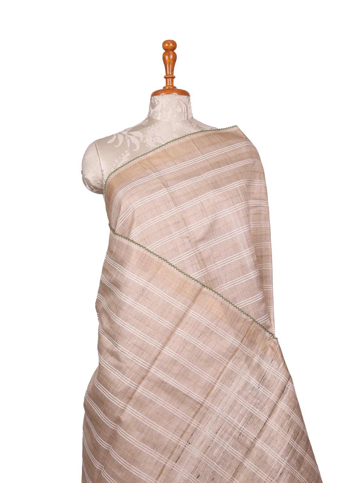 Beige Zari Striped Tussar Silk Saree With Kalamkari Blouse