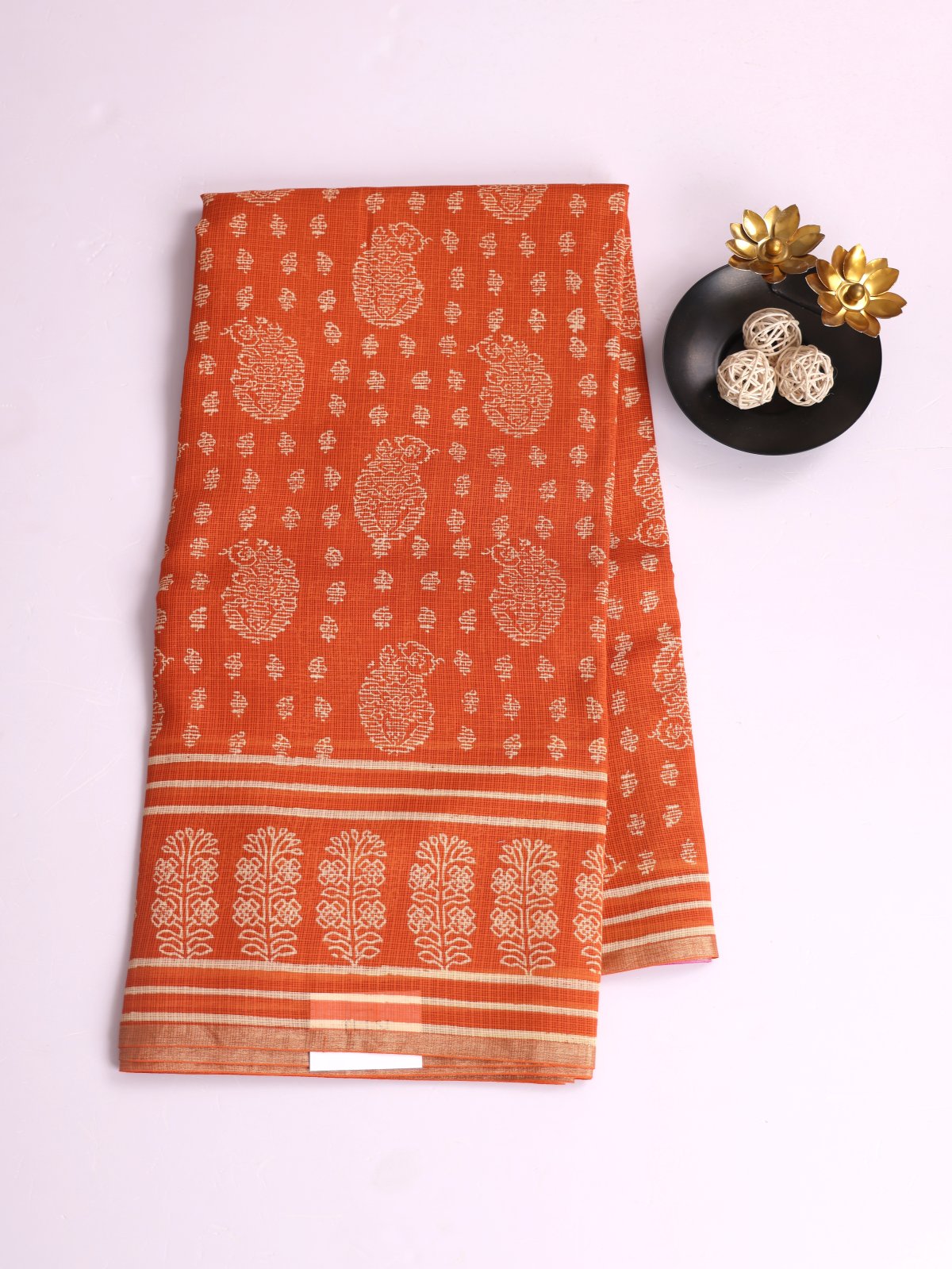 Orange Printed Kota Cotton Saree 