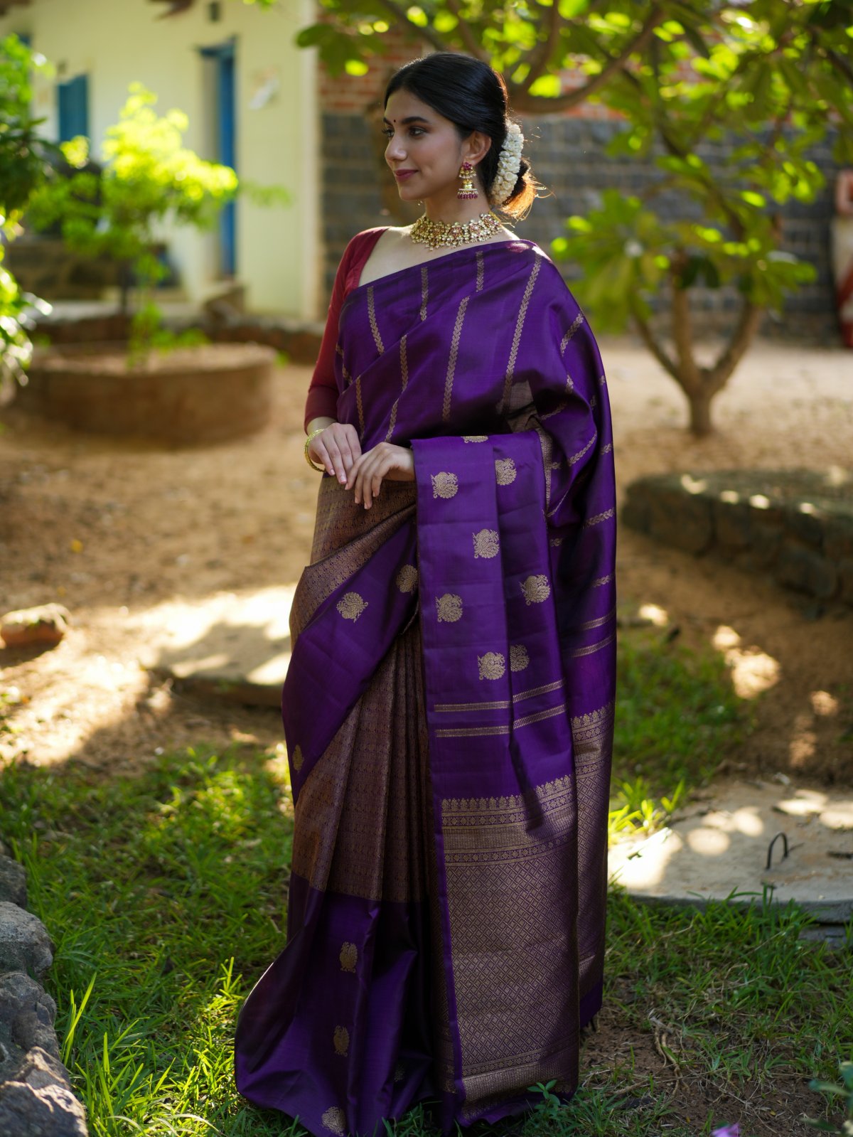Borderless Purple Kanjeevaram Silk Saree