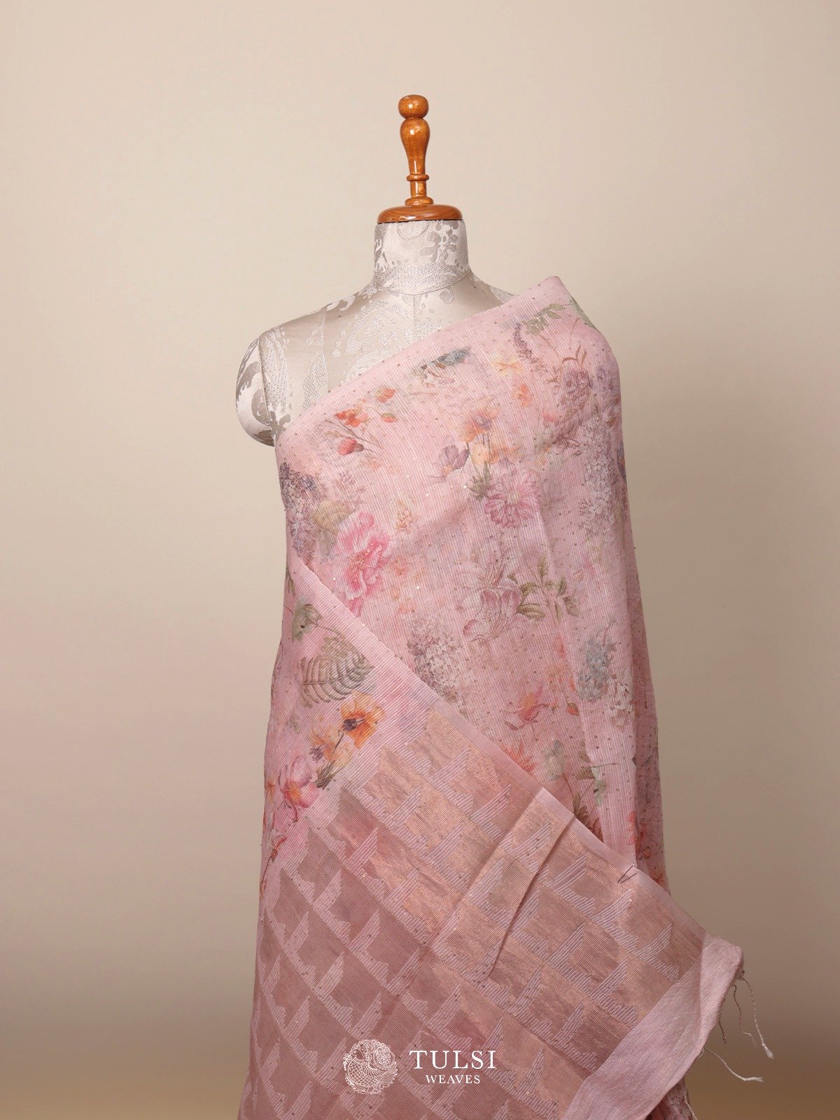 Light Pink Kora Jute Saree with Floral Print