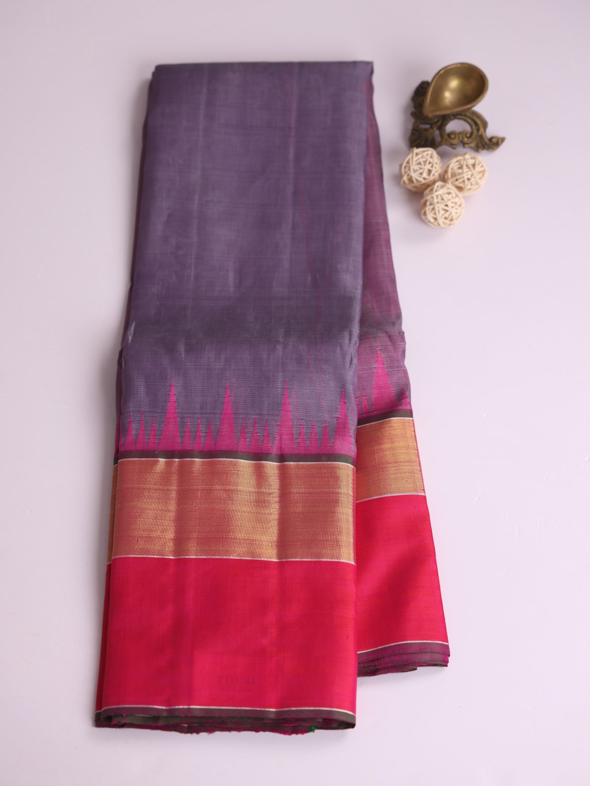 Light Bluish Purple Kanjeevaram Organza Saree With Reddish Pink Border