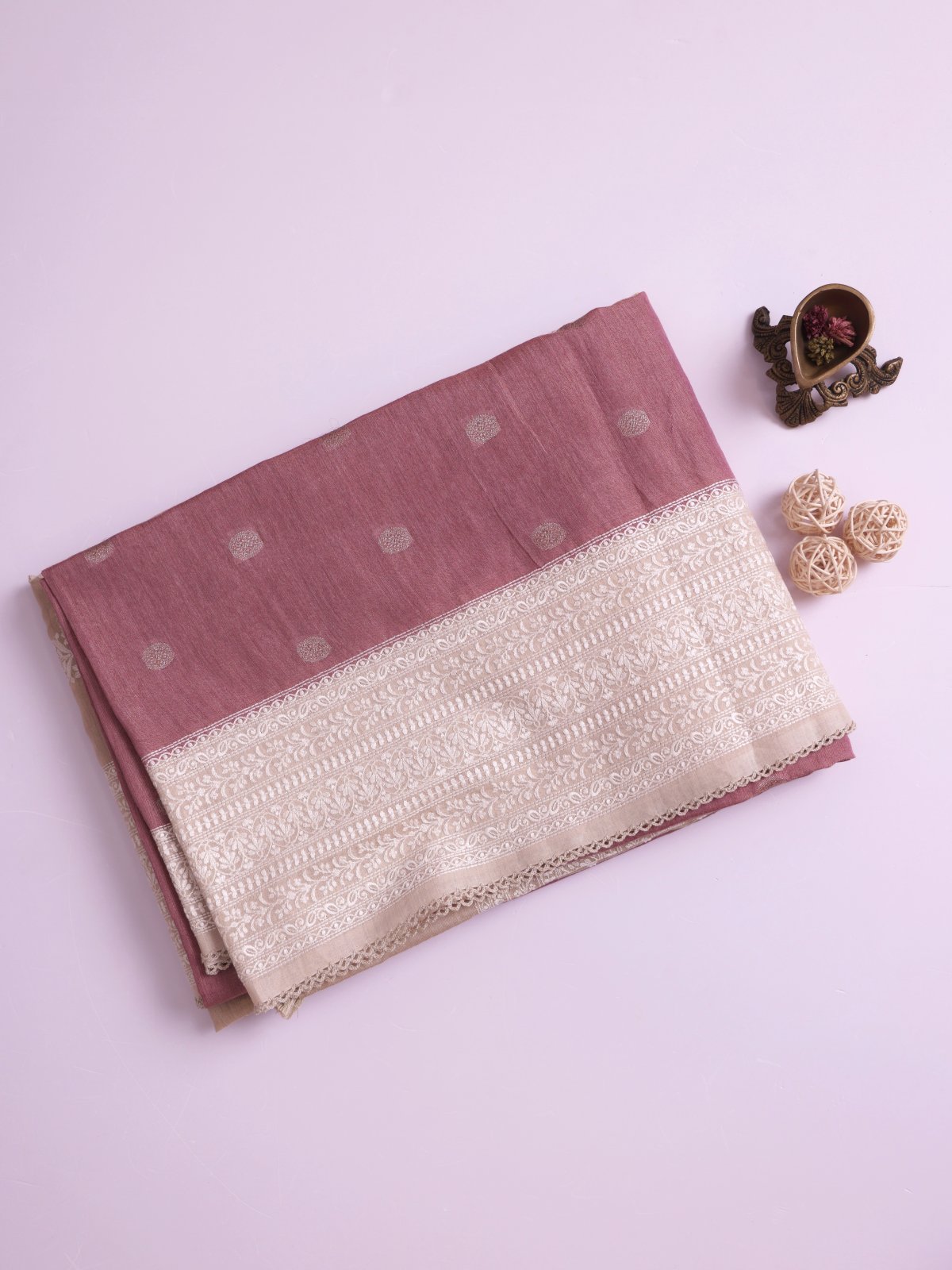 Lilac Pink Tissue Munga Tussar Silk Saree with Beige Border 