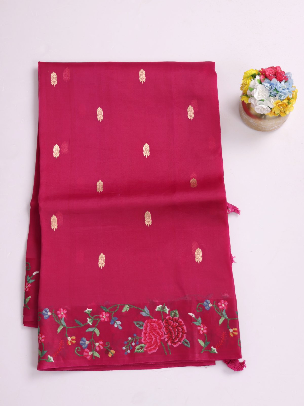 Rani Pink Organza Silk Saree With Cross-Stitch Embroidered Border