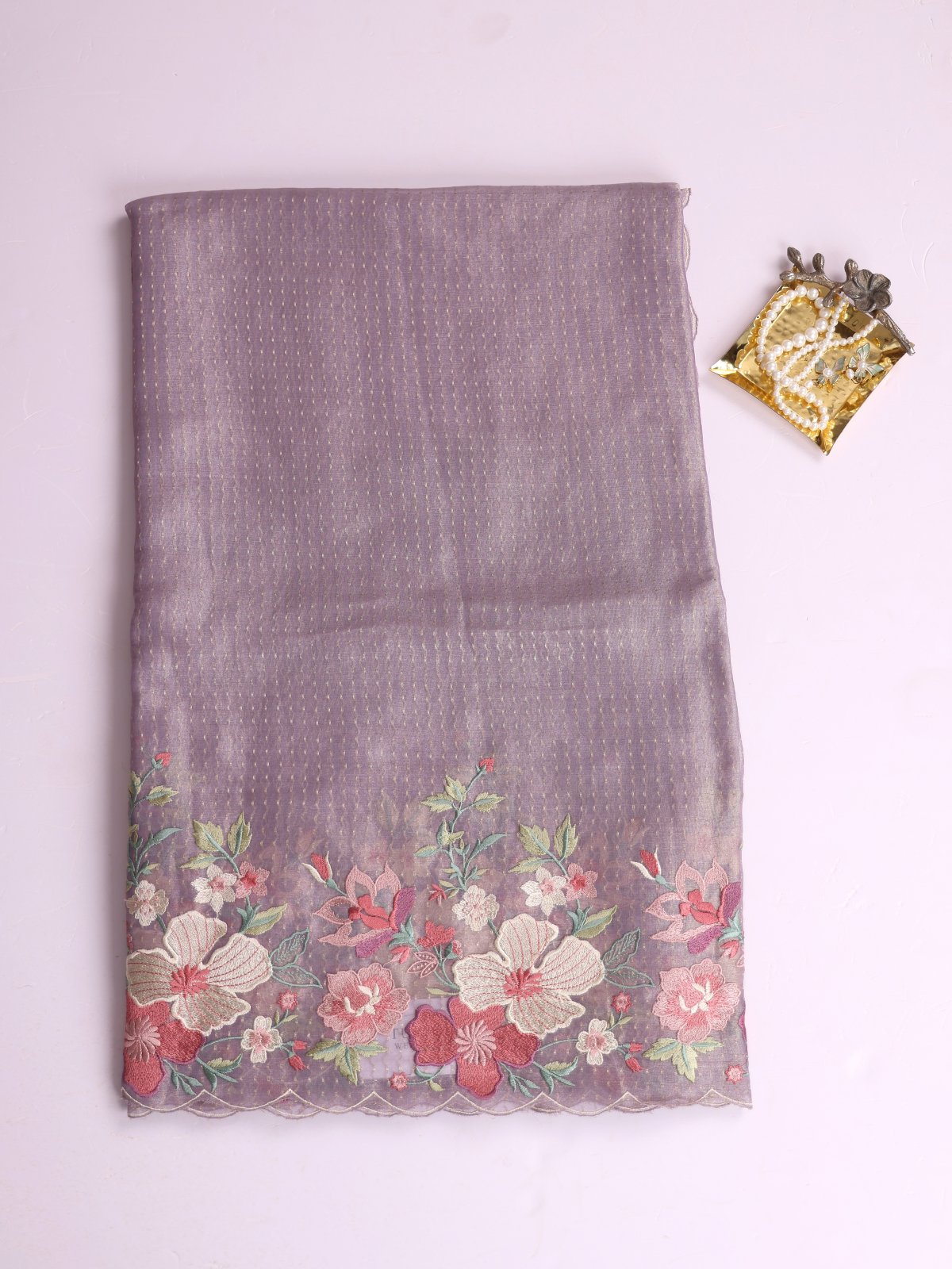 Dusty Lavender Tissue Georgette Silk Saree With Embroidered Border
