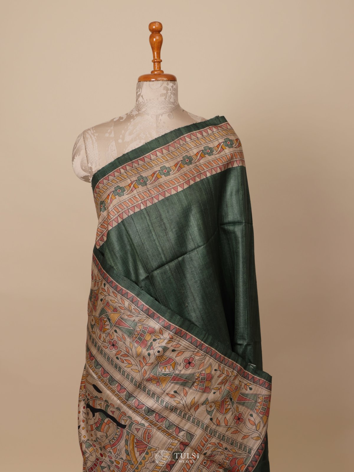 Green Tussar Silk Saree With Madhubani Print