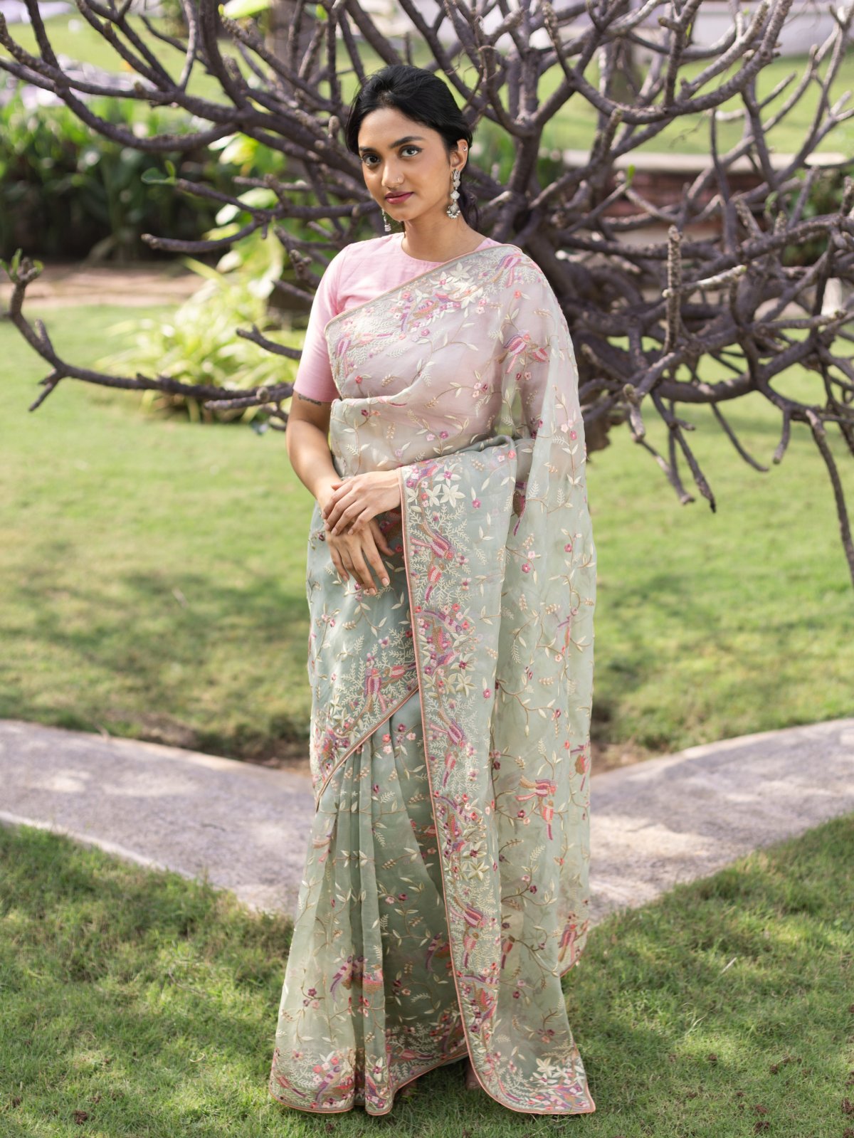 Green Grey Organza Saree With Floral Embroidery