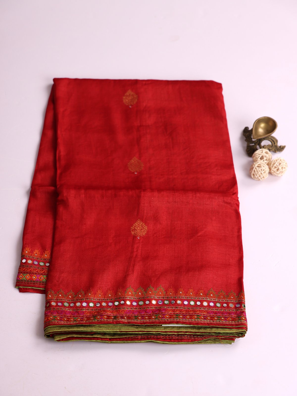 Red Tussar Silk Saree With Embroidered Border