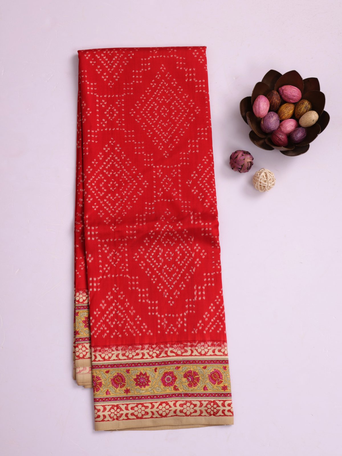 Red Printed Silk Saree With Beige Border