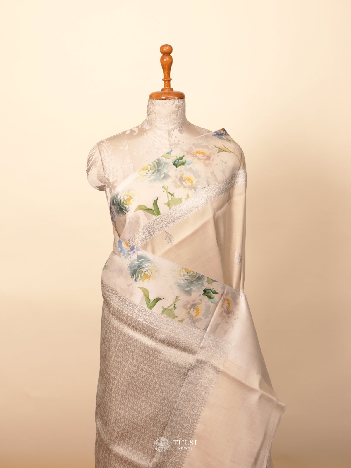 Off White Green Banaras Tussar Georgette Silk Saree With Satin Border