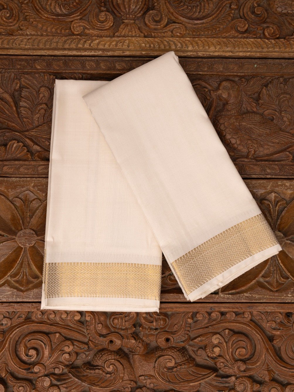 White Silk Dhoti and Vasthram With Gold Self Zari Border