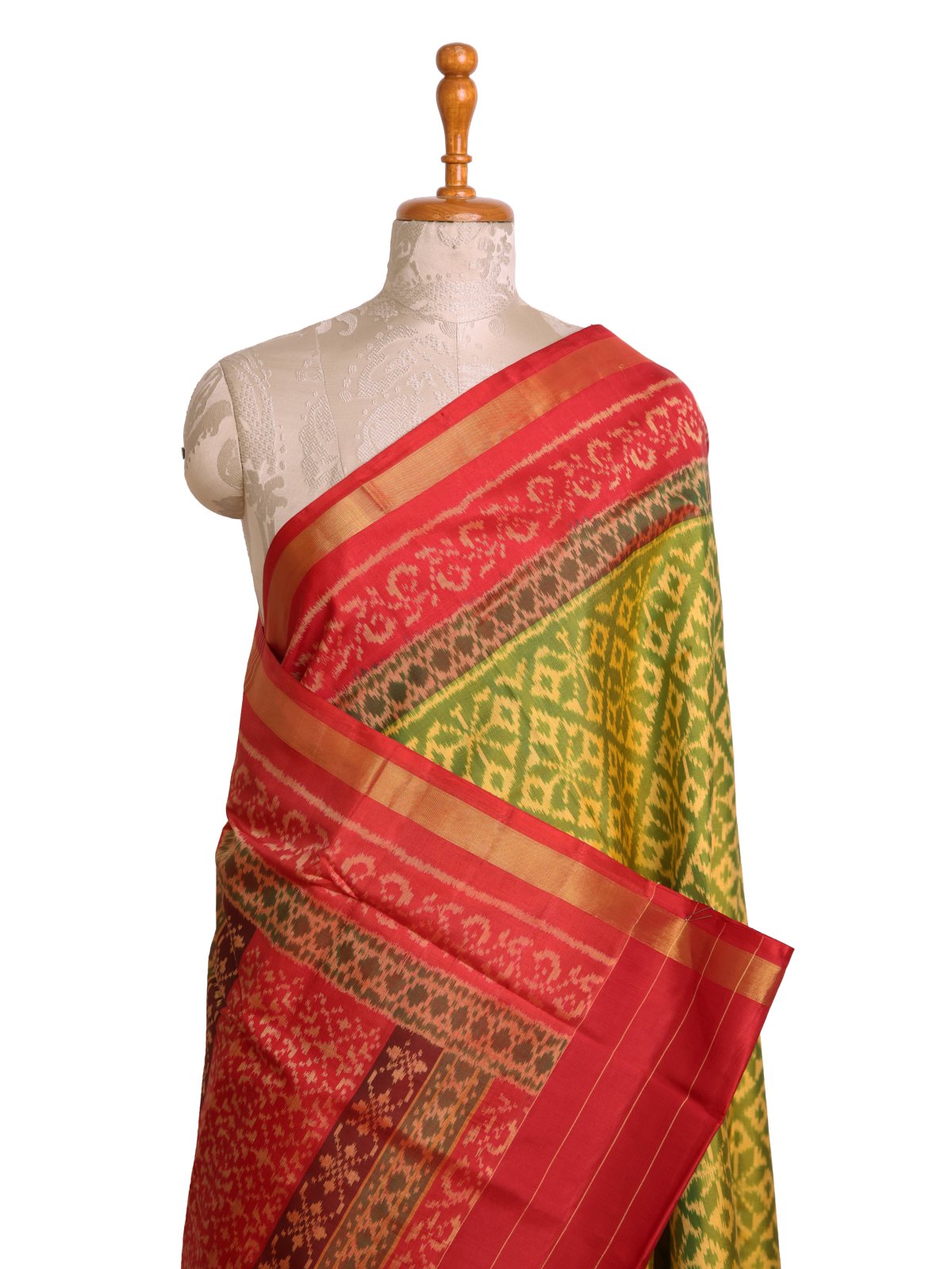 Greenish Yellow Patola Silk Saree with Red Border