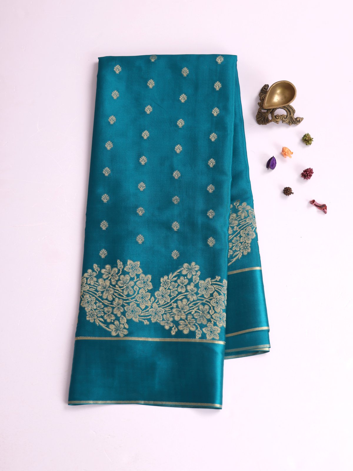 Teal Blue Mysore Silk Saree With Satin Border