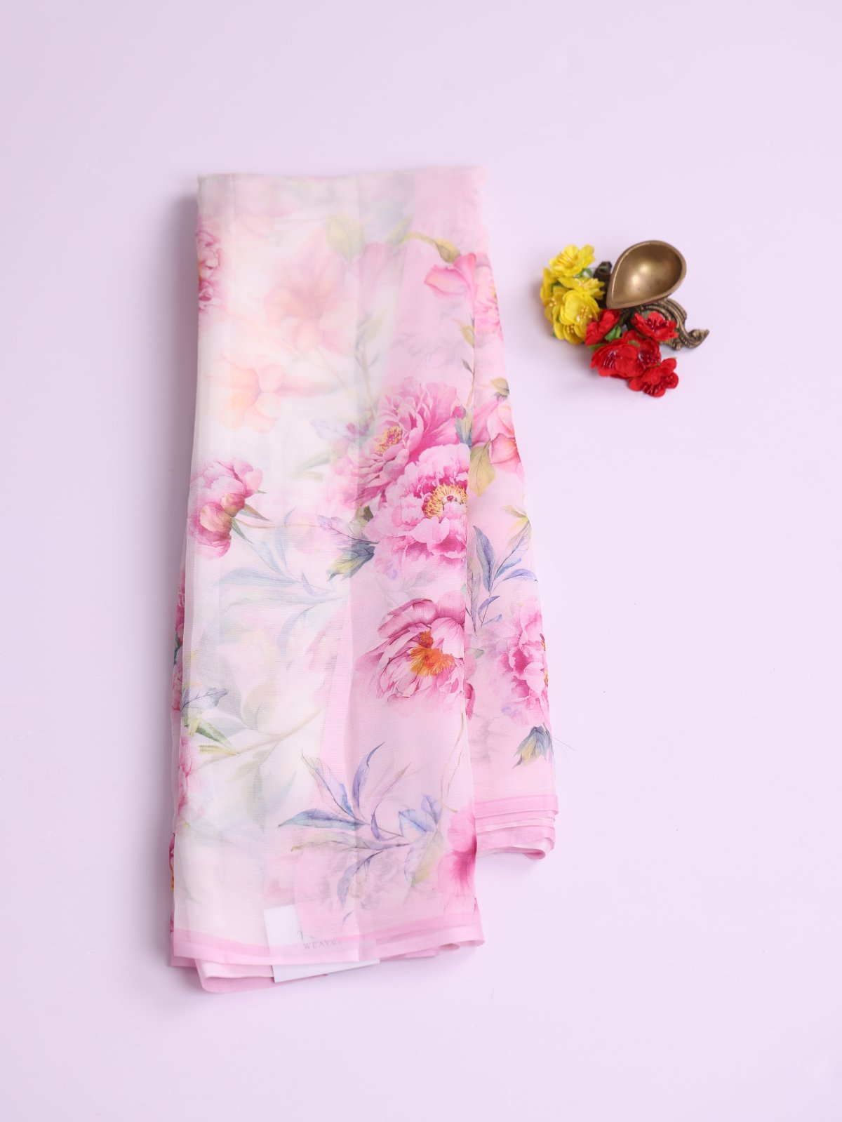 White Floral Printed Chiffon Saree 