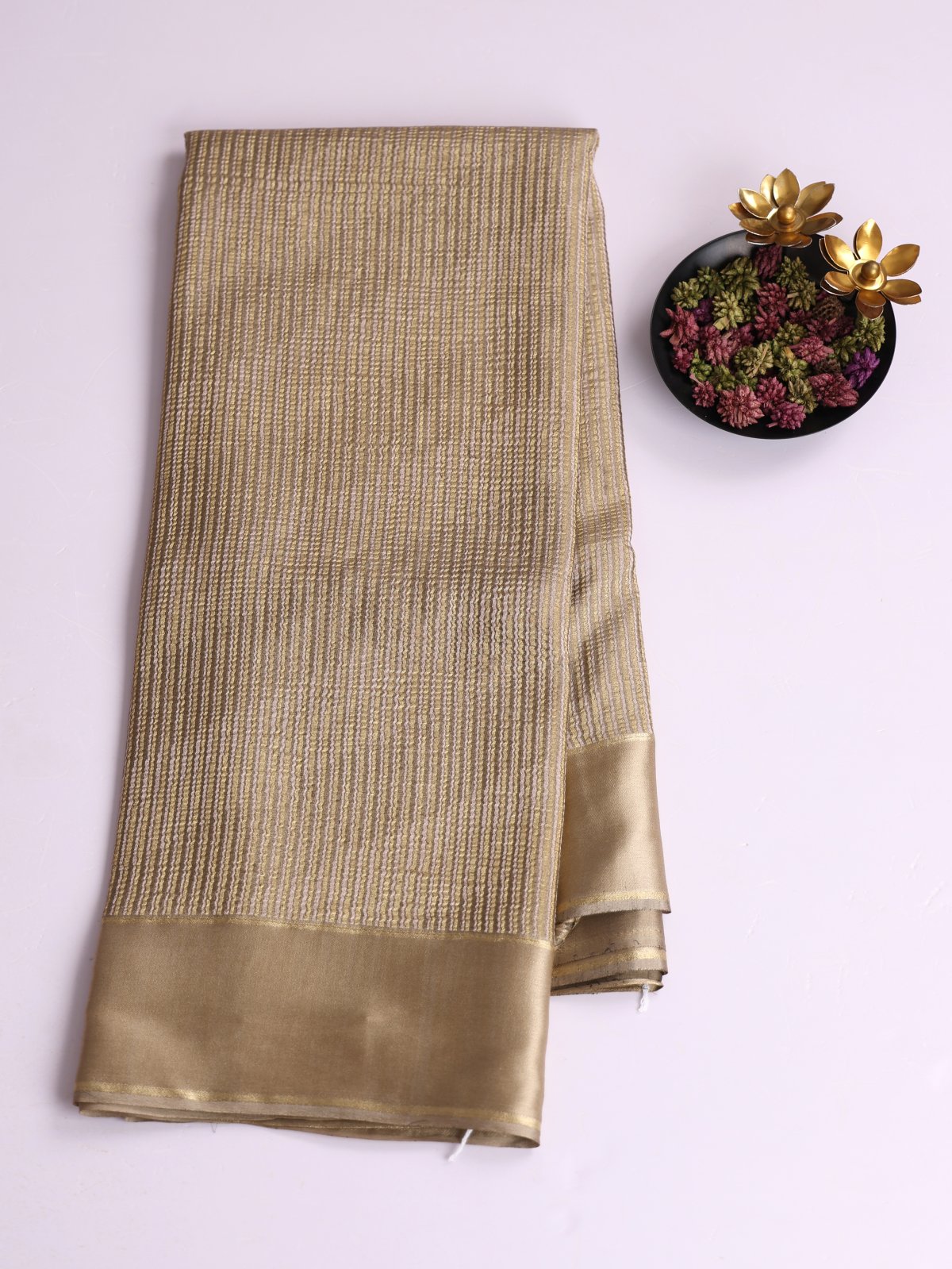 Light Greyish Brown Striped Mysore Crepe Silk Saree with Satin Border