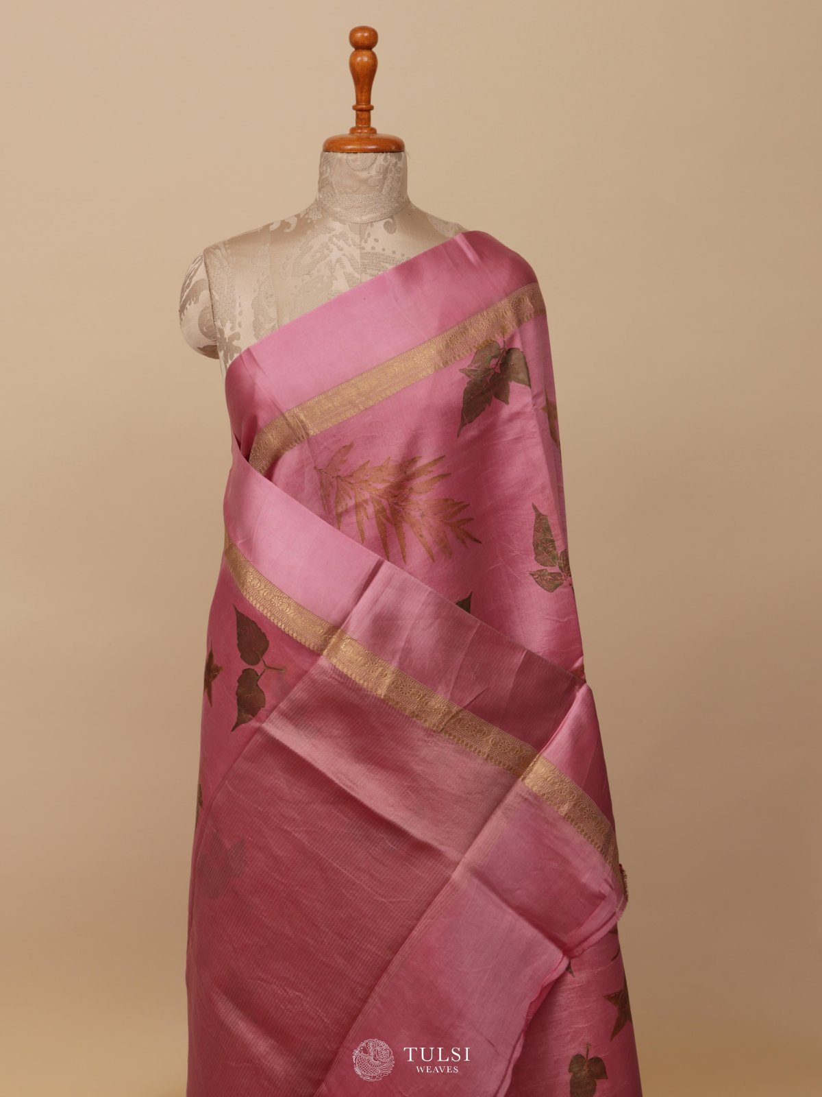 Pink Eco Print Silk Saree With Satin Border