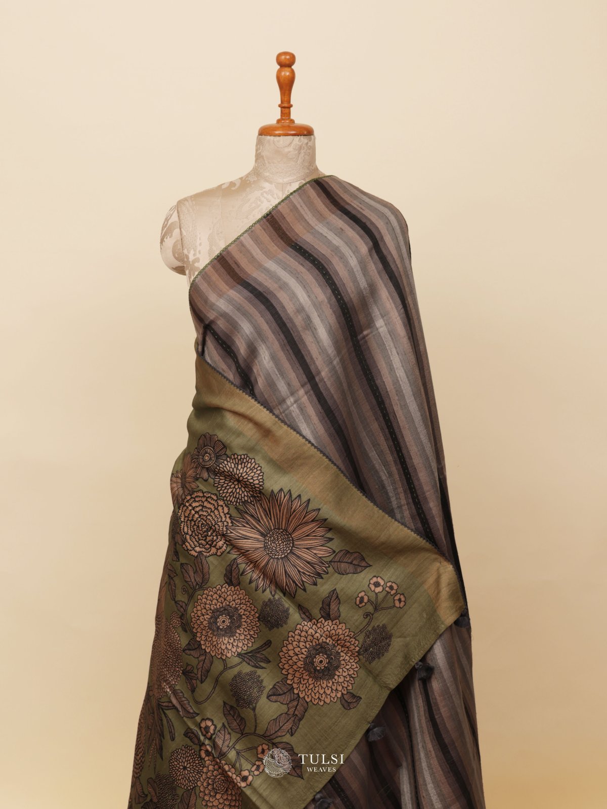 Multicolour Striped Printed Tussar Silk Saree