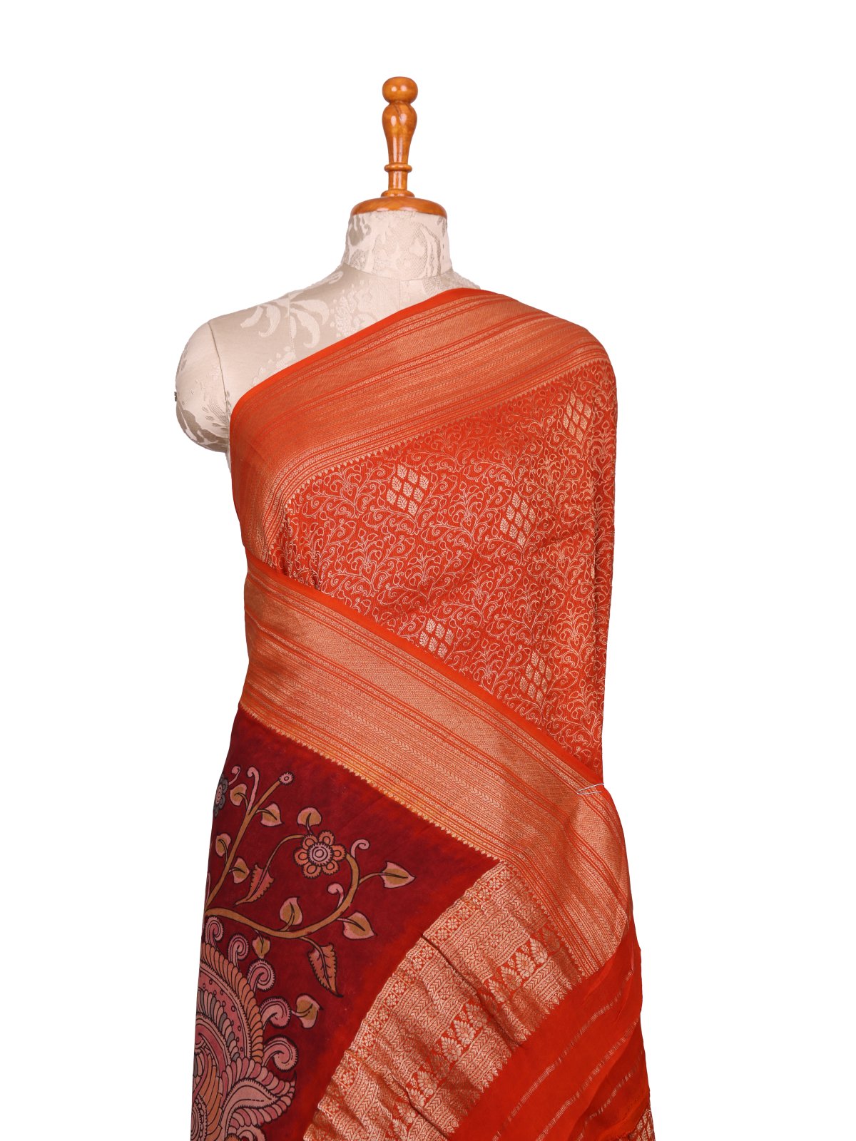 Orange  Mysore Crepe Silk Saree With Kalamkari Pallu