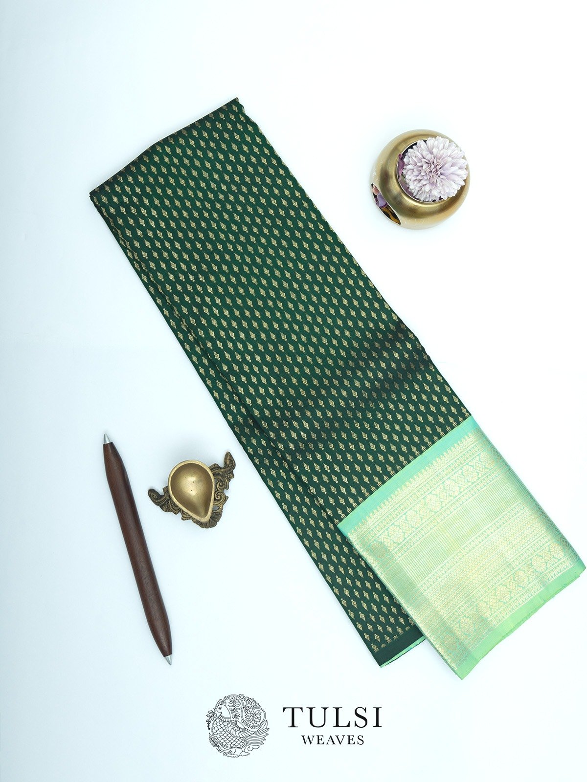 Dark Green Kanjeevaram Silk Pavadai with Aquamarine Border