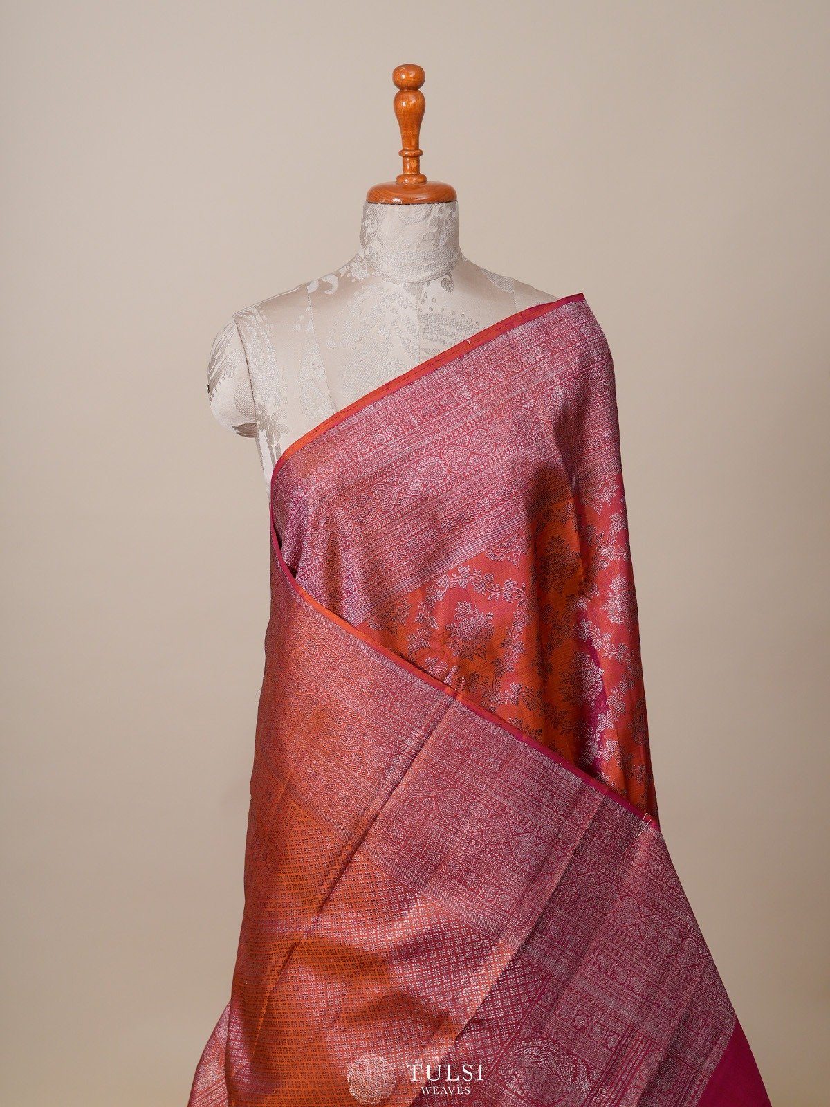 Pinkish Orange Kanjeevaram Silk Saree