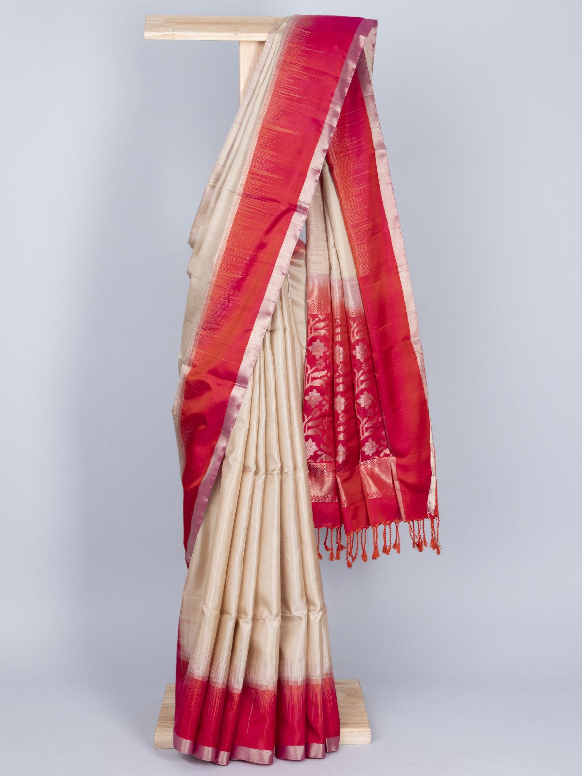 Off White Soft Silk Saree With Orangish Pink Border