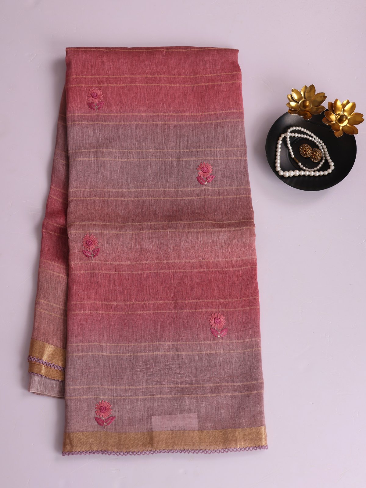 Lavender And Pink Striped Linen Saree With Embroidery