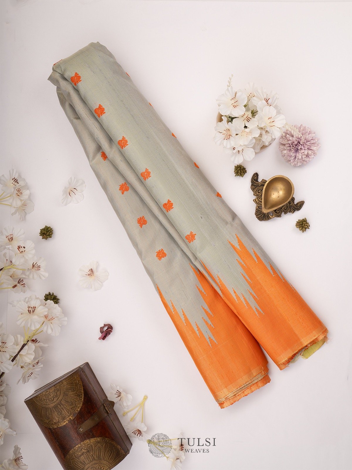 Blueish Grey Gadwal Silk Saree with Orange border