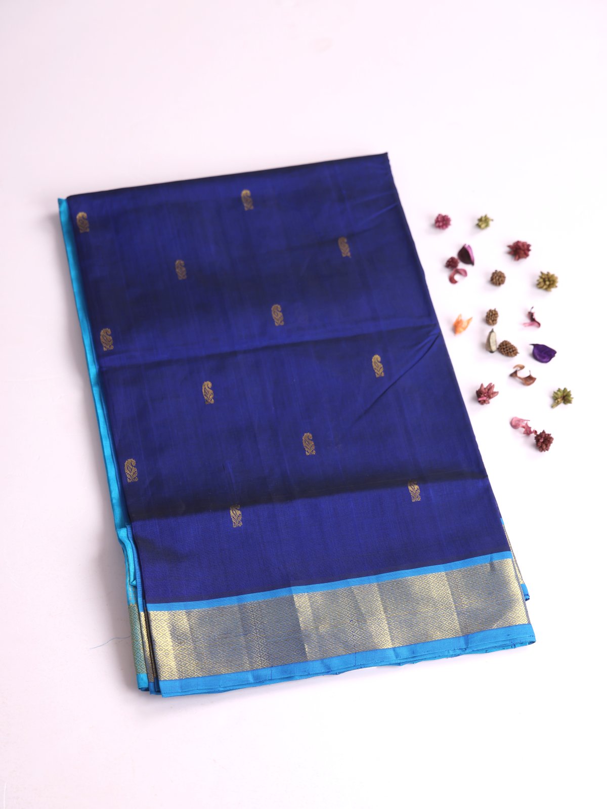 Dark Blue Silk Cotton Saree With Zari Border