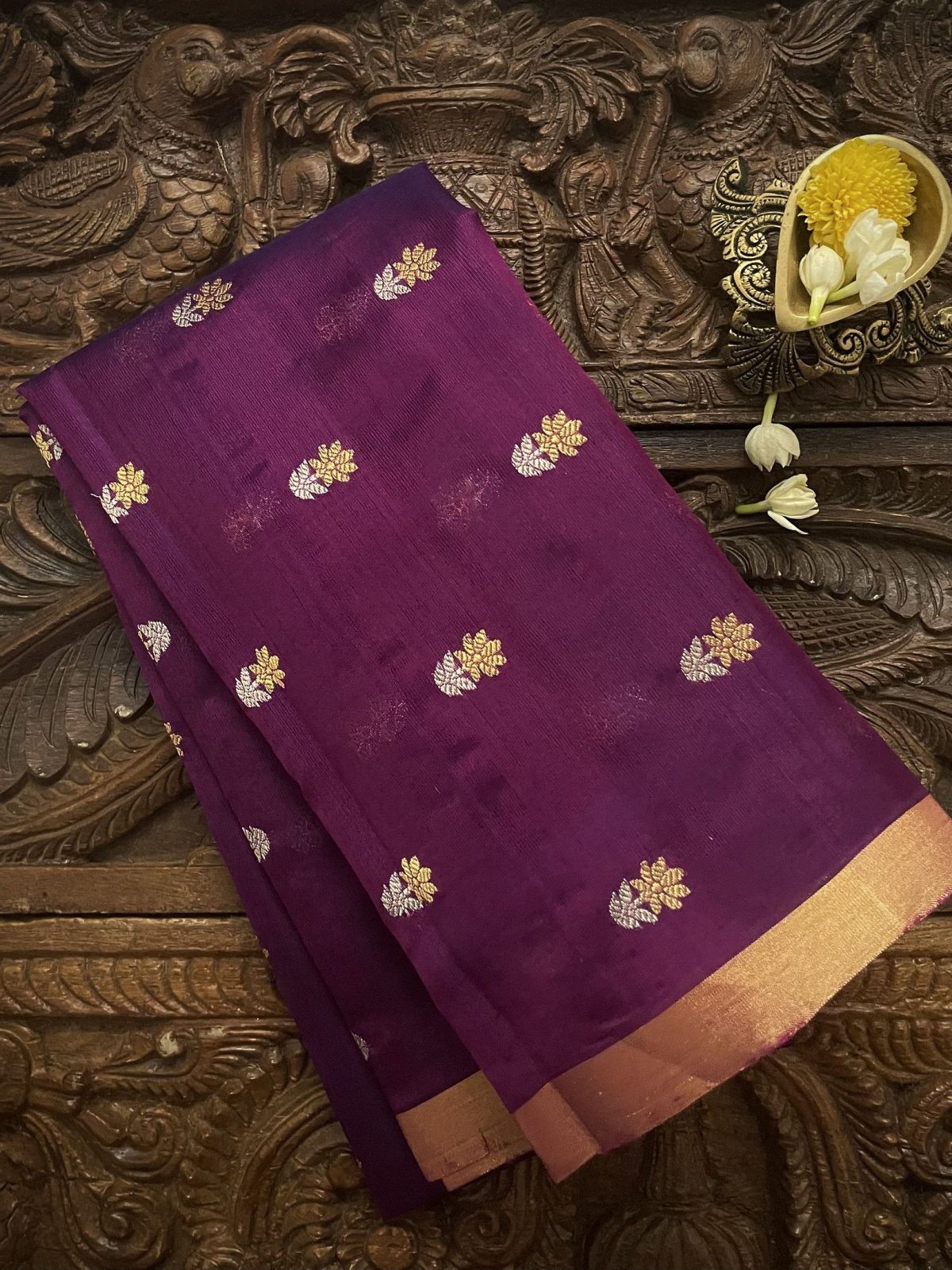Dark Purple Chanderi Silk Blouse With Gold and Silver Zari Floral Motifs