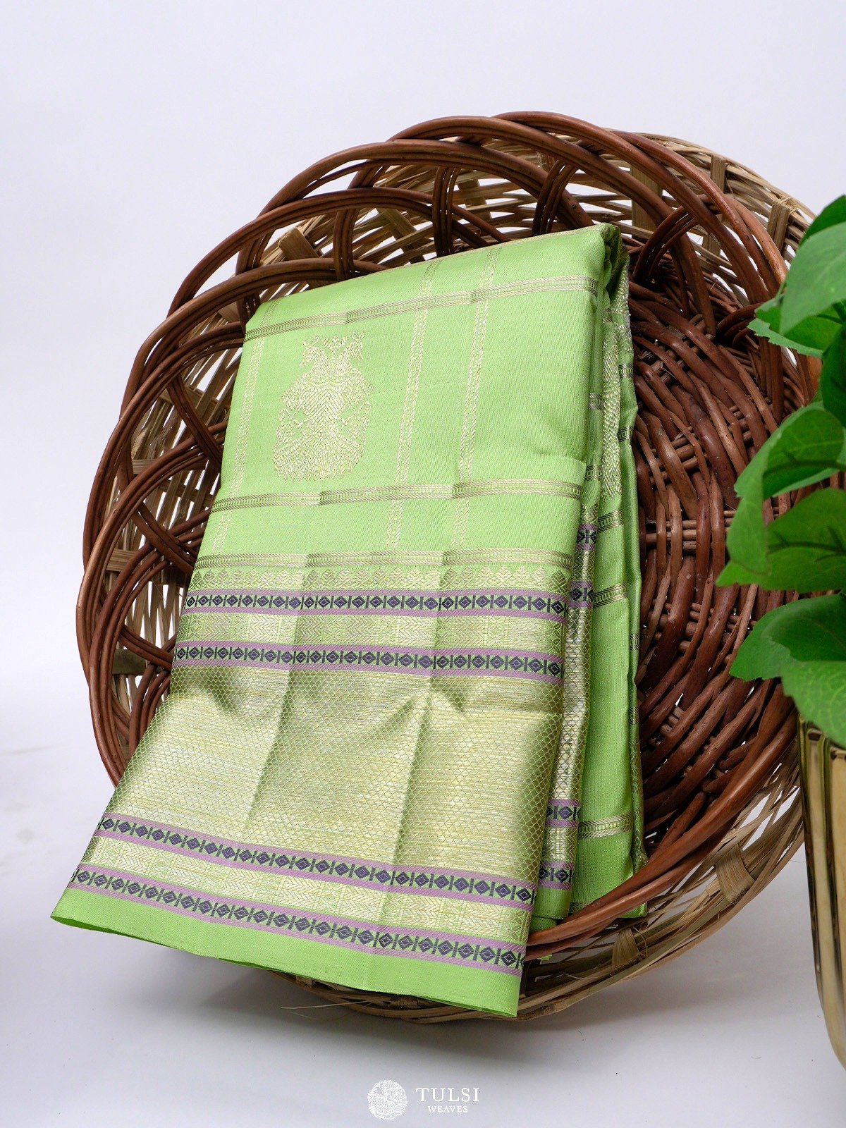 Yellow Green Checked Kanjeevaram Silk Saree