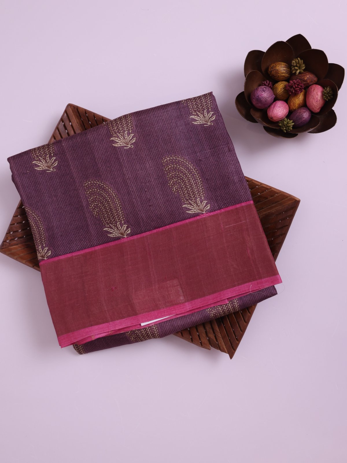Purple Printed Tussar Silk Saree