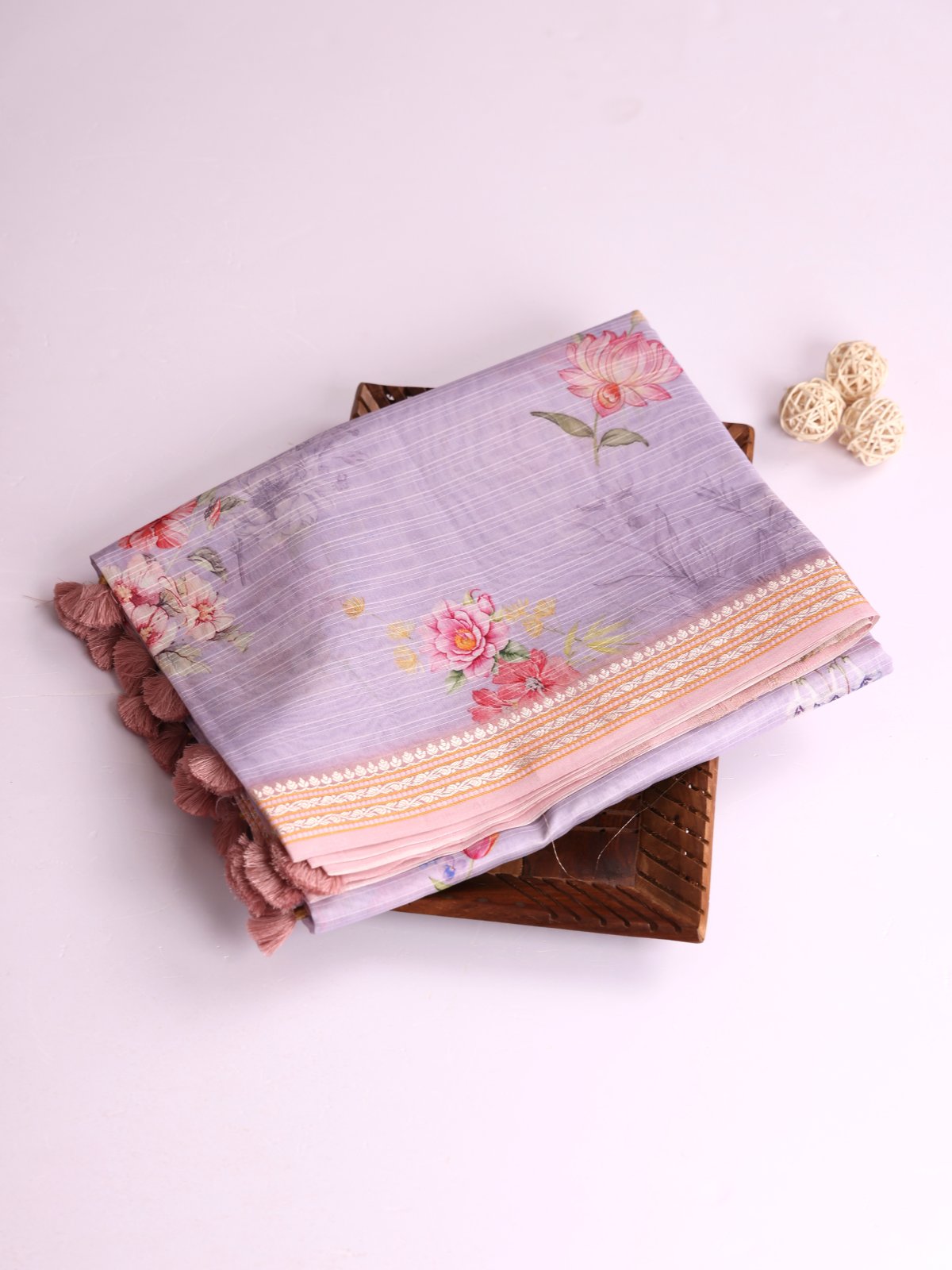 Light Lavender Printed Chanderi Cotton Saree With Dusty Pink Zari Border