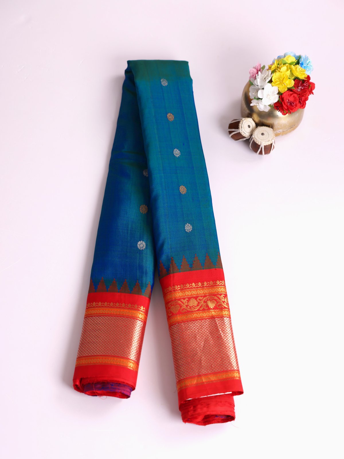 Peacock Blue Gadwal Silk Saree with Red Border