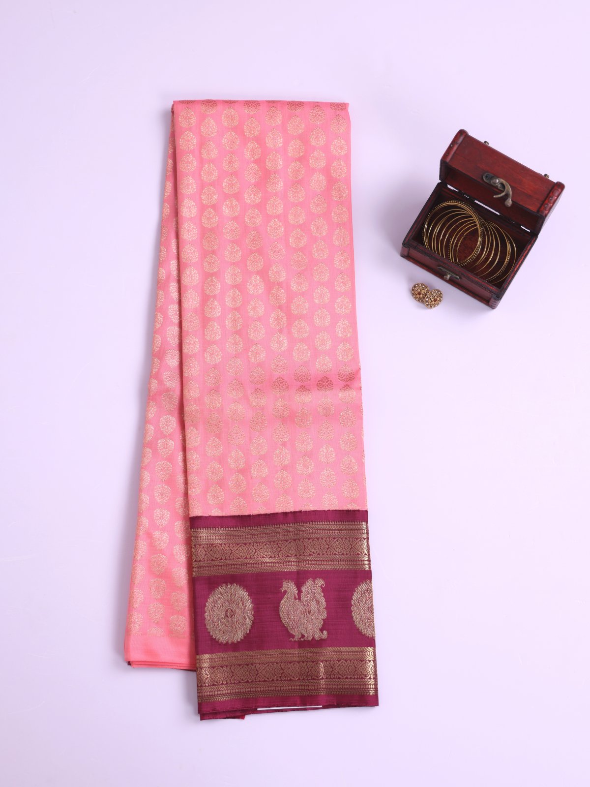 Peachy Pink Kanjeevaram Silk Pavadai with Burgundy Border