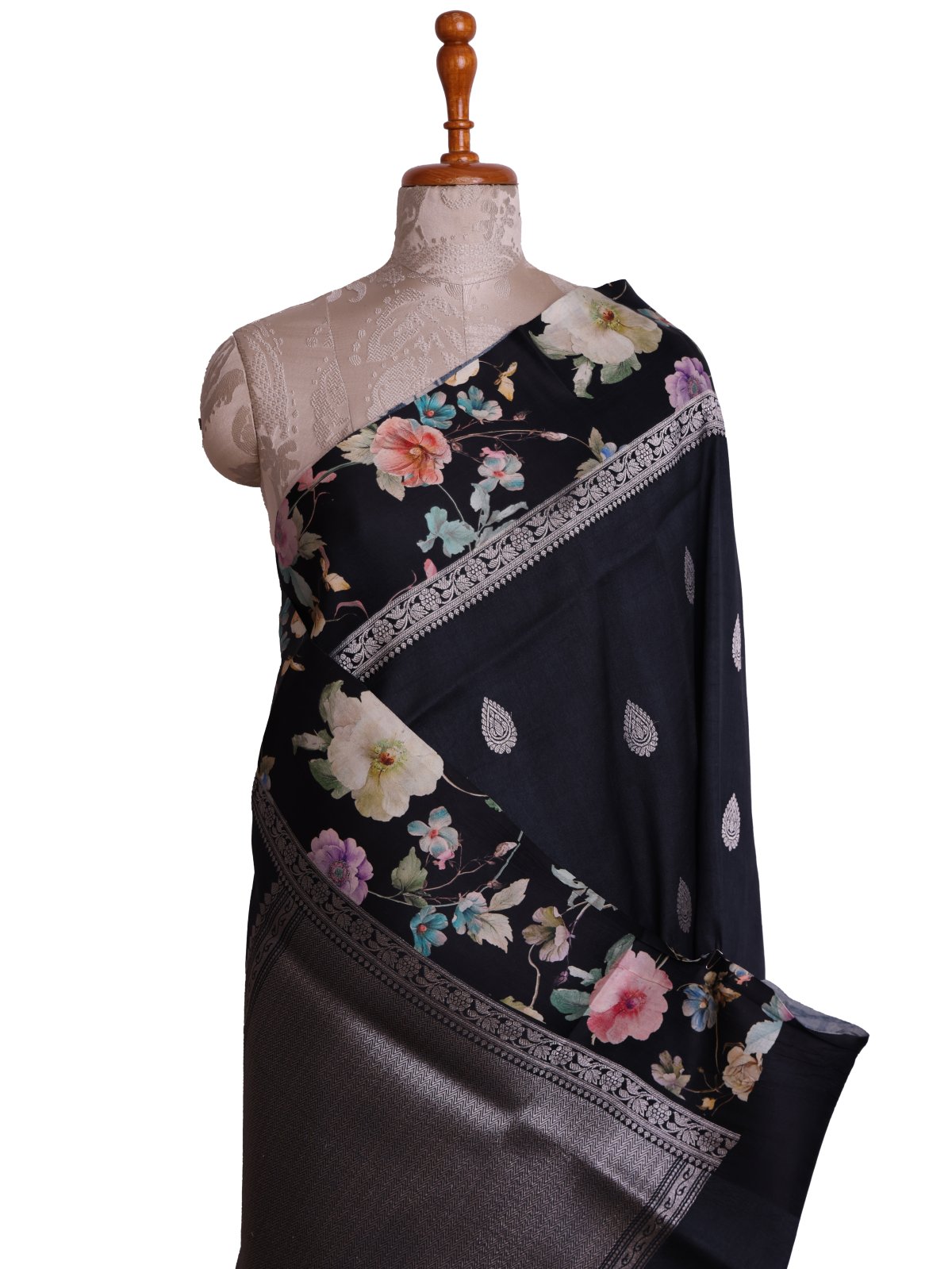 Black Printed Tussar Georgette Silk Saree