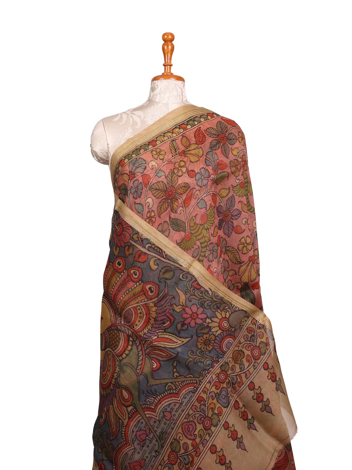 Coral Pink Kalamkari Printed Organza Silk Saree