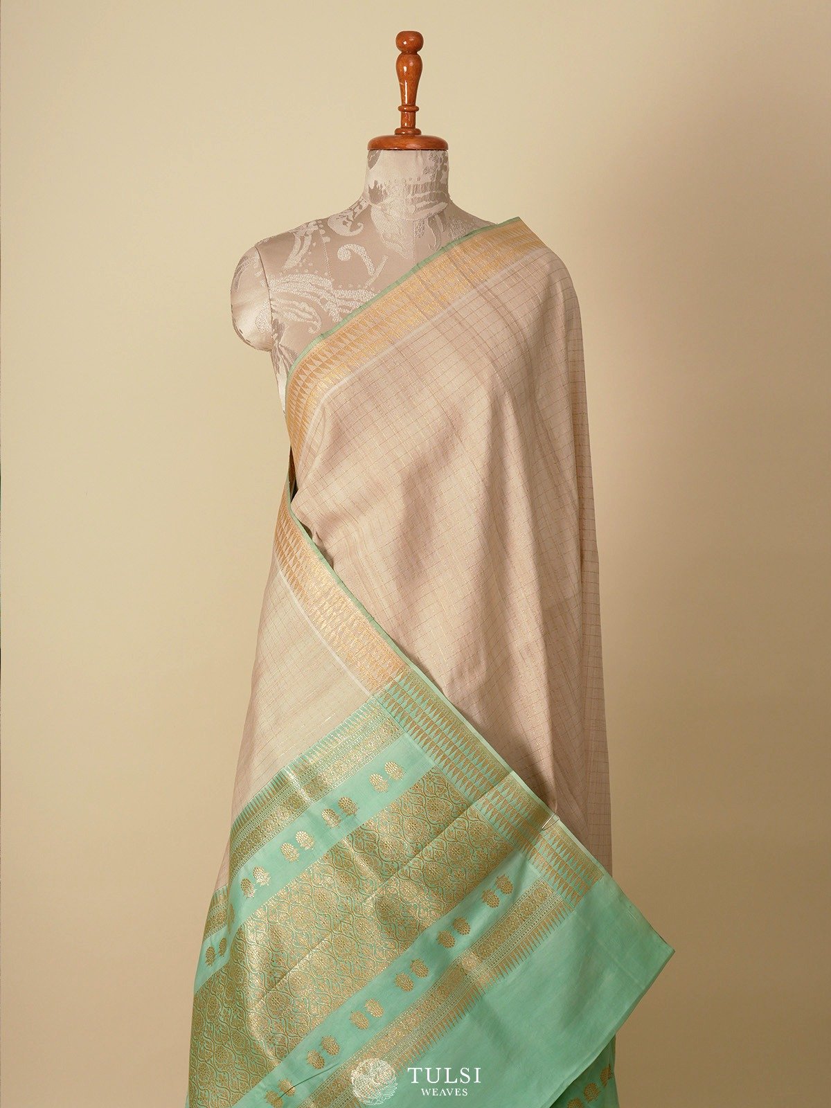 Beige Checked Banaras Tussar Georgette Silk Saree