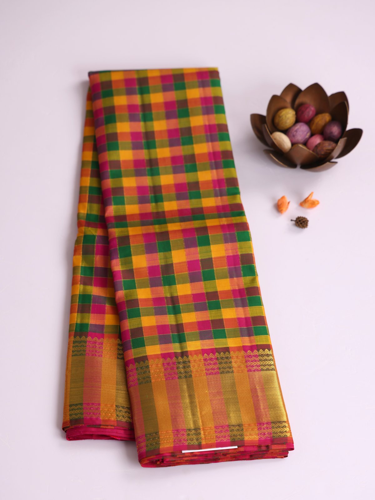 Palum Pazhamum Checked Kanjeevaram Silk Saree With Zari Border