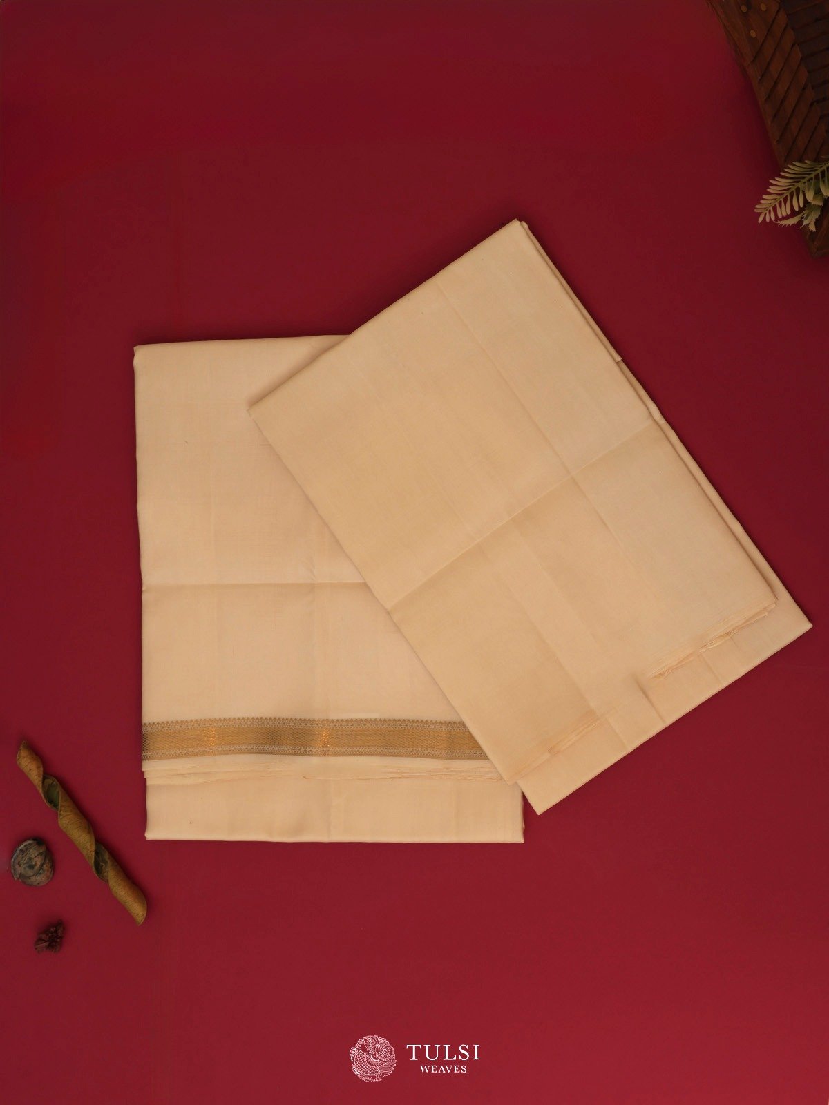 Off-White Silk Dhoti and Vasthram With Gold Self Zari Border