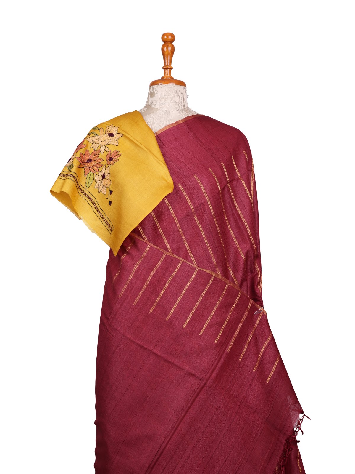 Wine Red Zari Striped Tussar Silk Saree With Embroidered Blouse