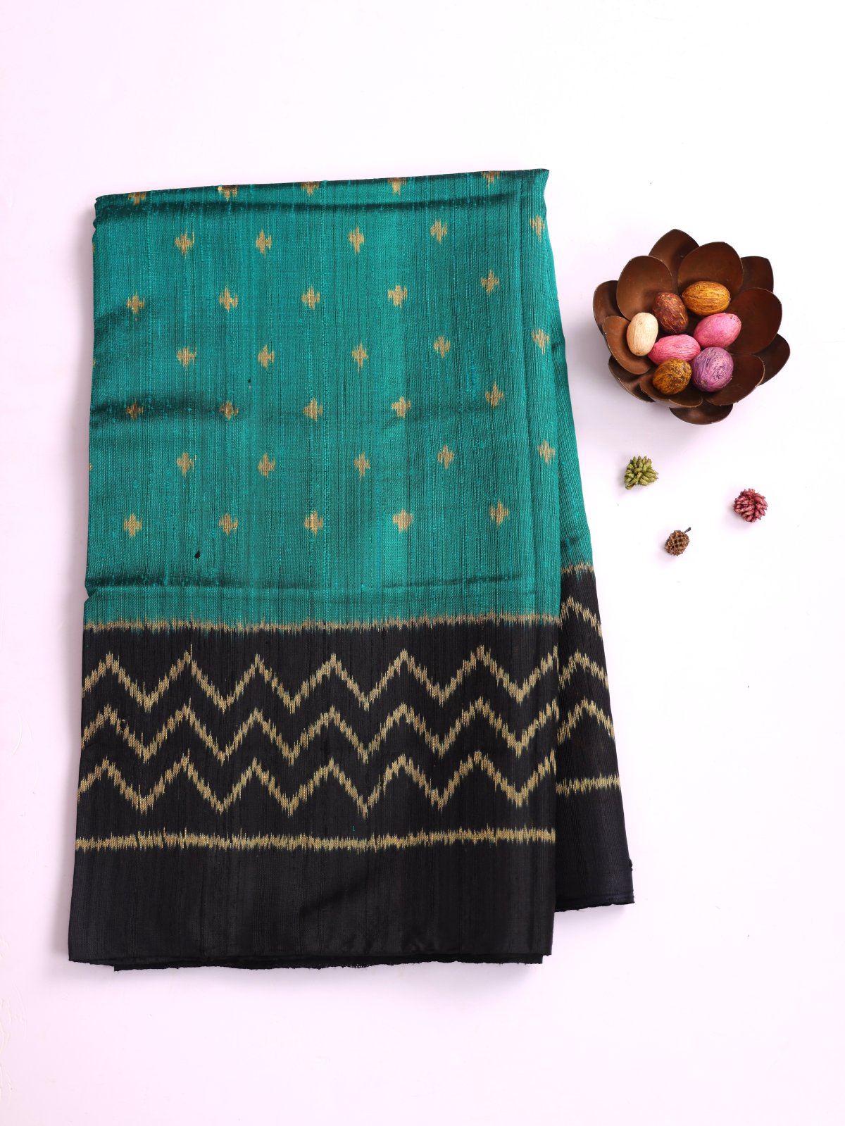 Peacock Green Raw Silk Patola Saree With Black Border