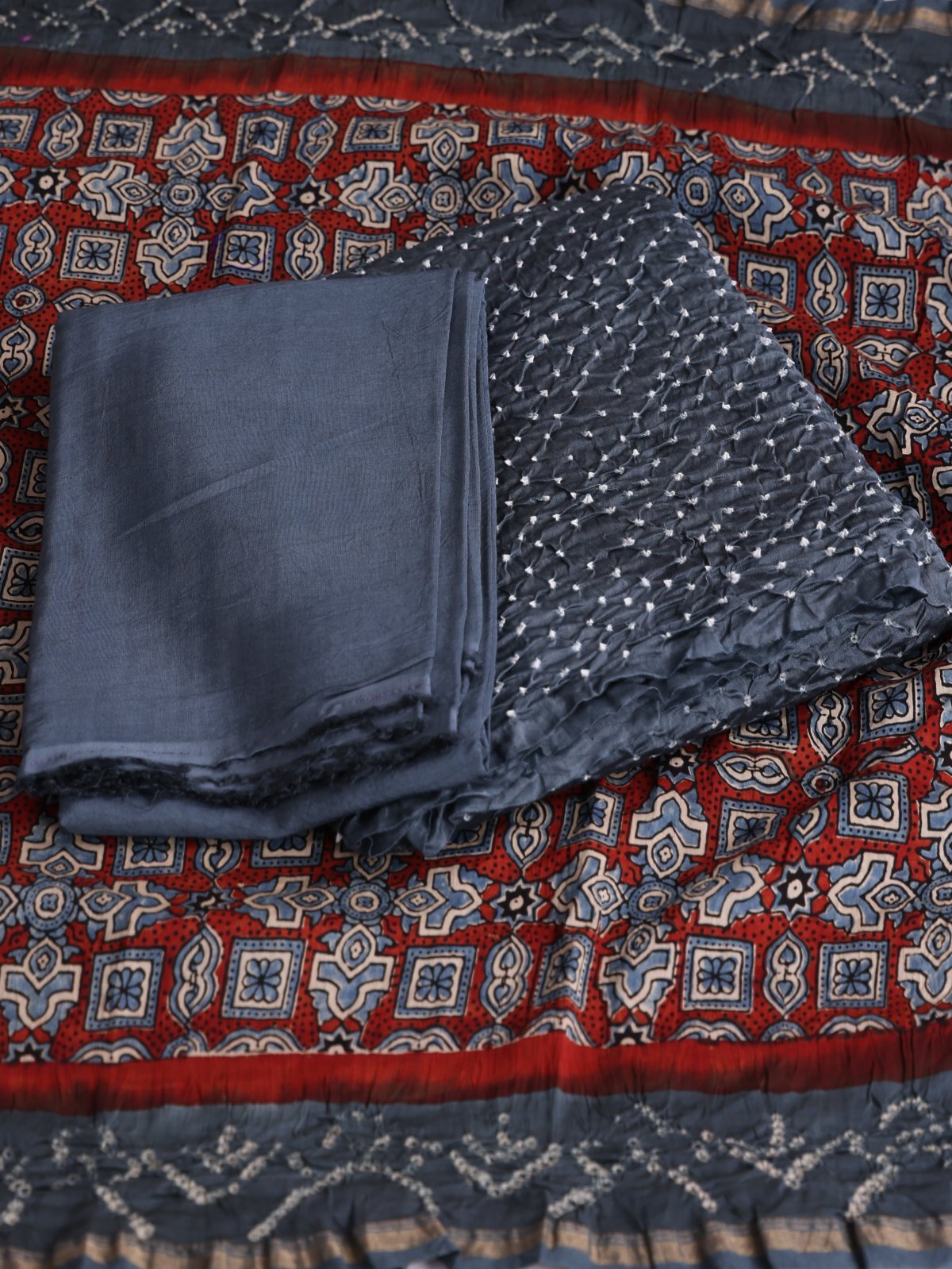 Grey Bandhini Salwar Material With Printed Dupatta