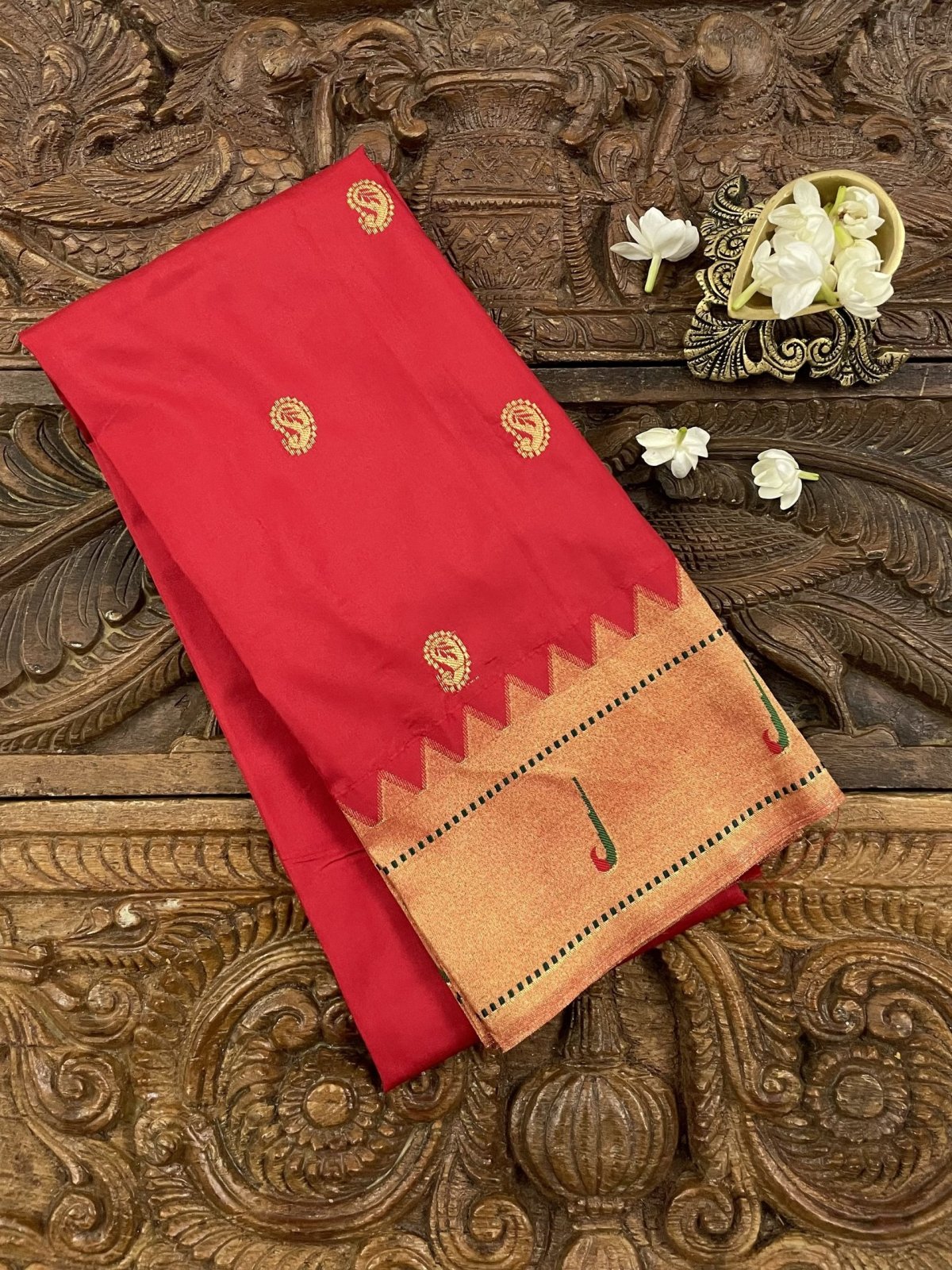 Red Paithani Silk Blouse With Temple Border