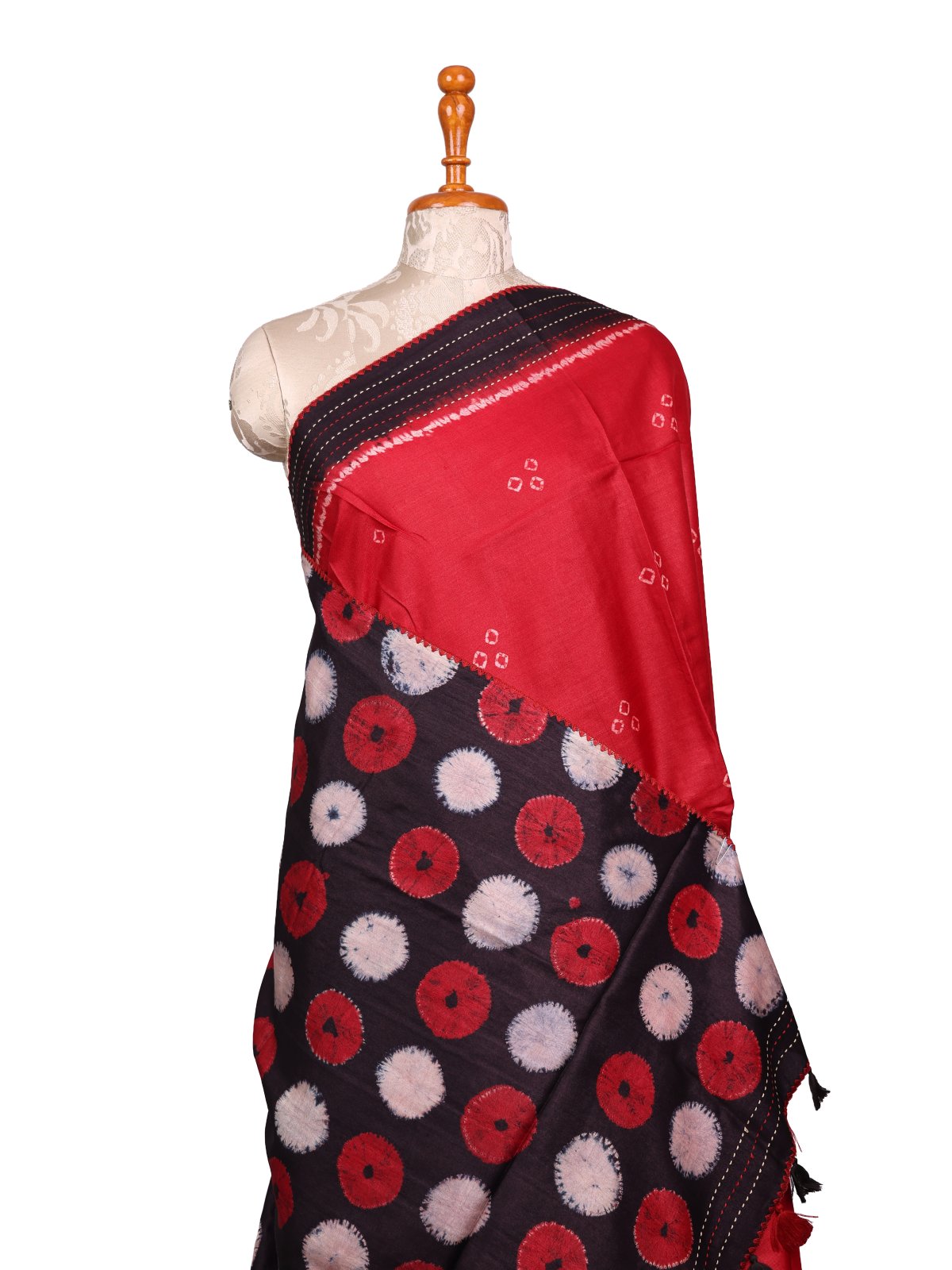 Red Shibori Tussar Silk Saree With Kantha Embroidery