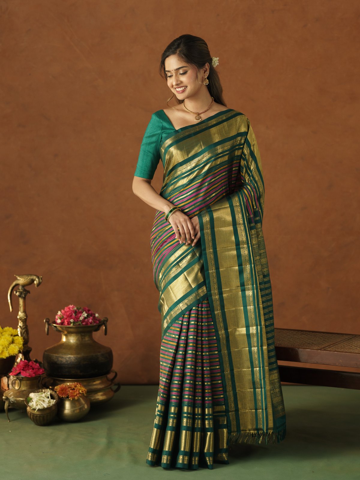 Bottle Green Kanjeevaram Silk Saree with Zari Border