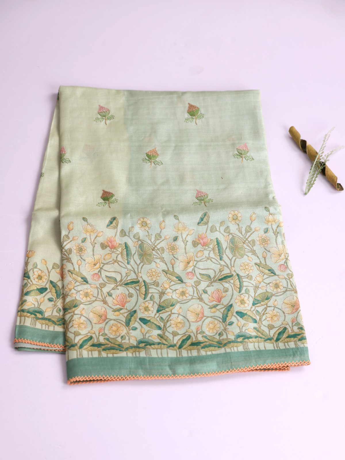 Light Green Tussar Silk Saree With Printed Border