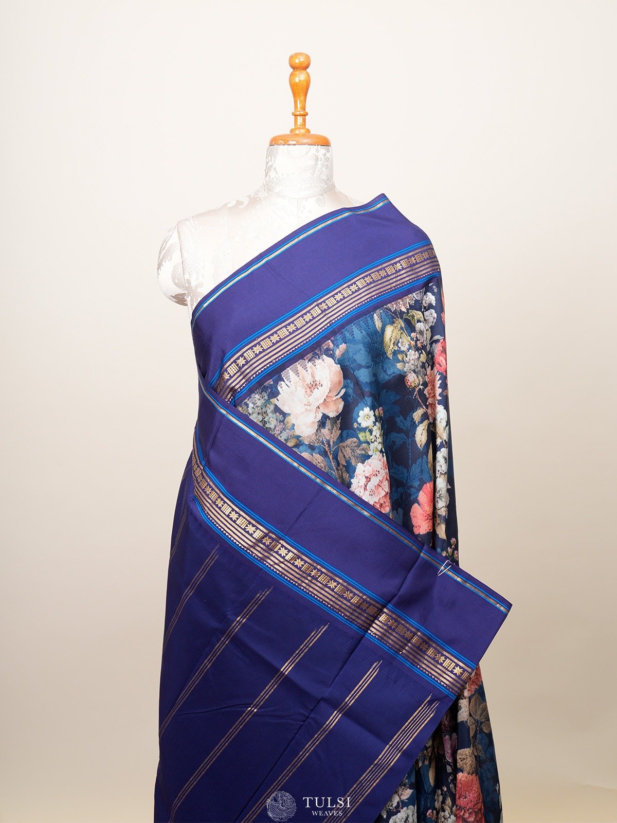 Navy Printed Kanjeevaram Silk Saree