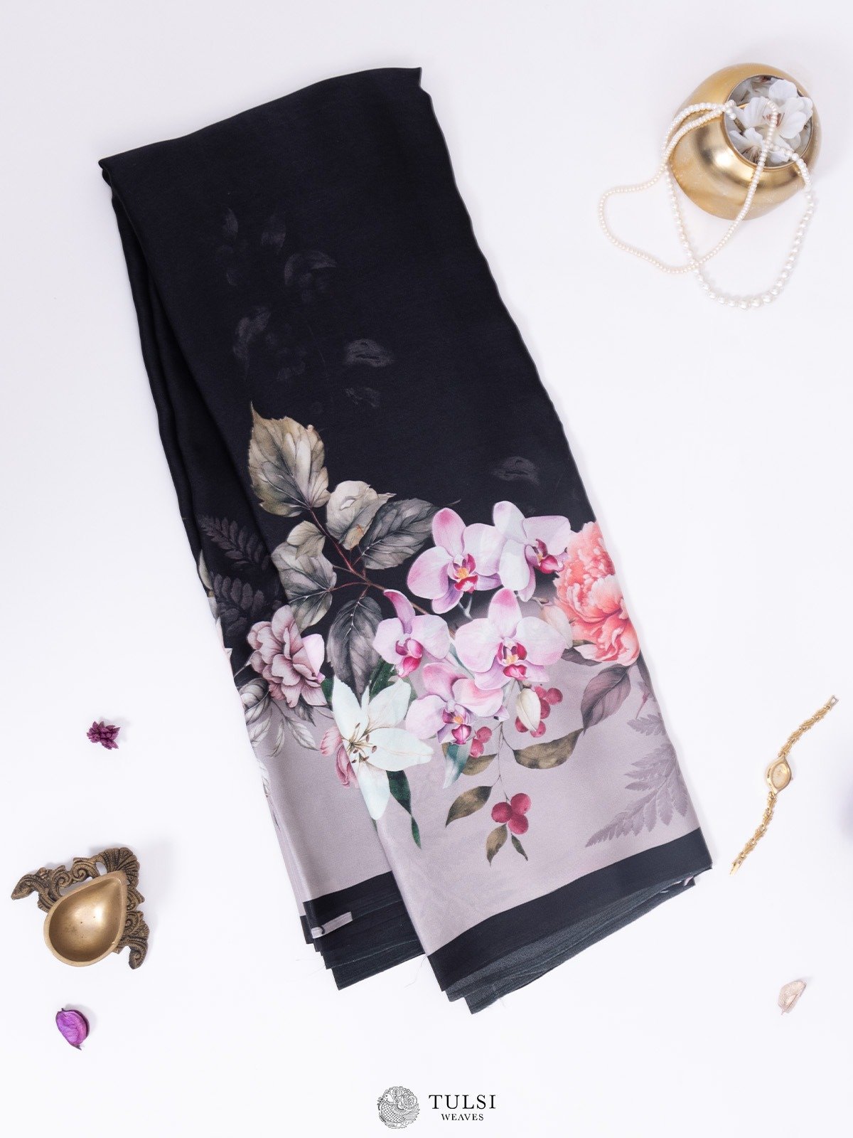 Black Satin Crepe Silk Saree With Floral Prints